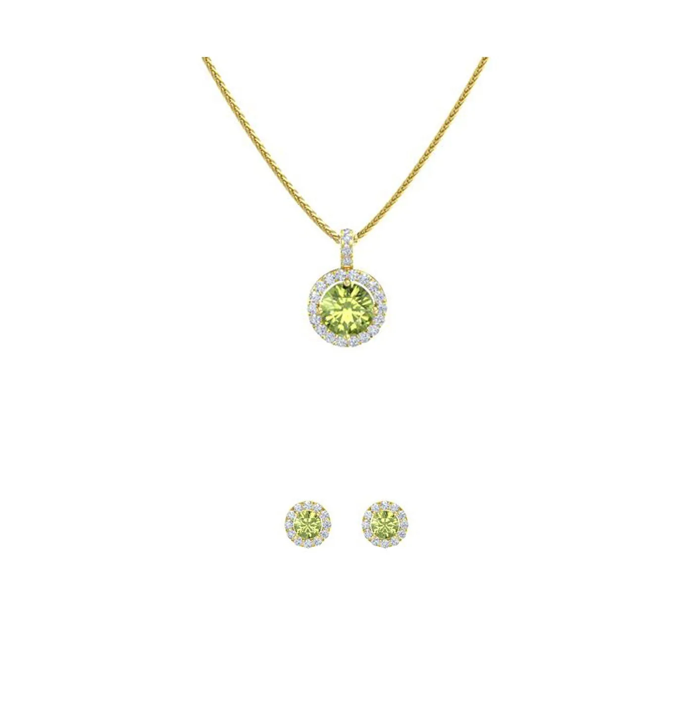 18K Yellow Gold 4ct Halo Peridot Round 18 Inch Necklace and Halo Earrings Set Plated