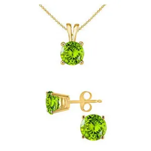 18K Yellow Gold 4ct Peridot Round 18 Inch Necklace and Earrings Set Plated