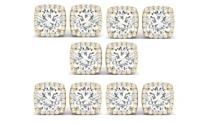 18k Yellow Gold 6mm 1/2Ct Cushion Cut White Sapphire Set Of Five Halo Stud Earrings Plated