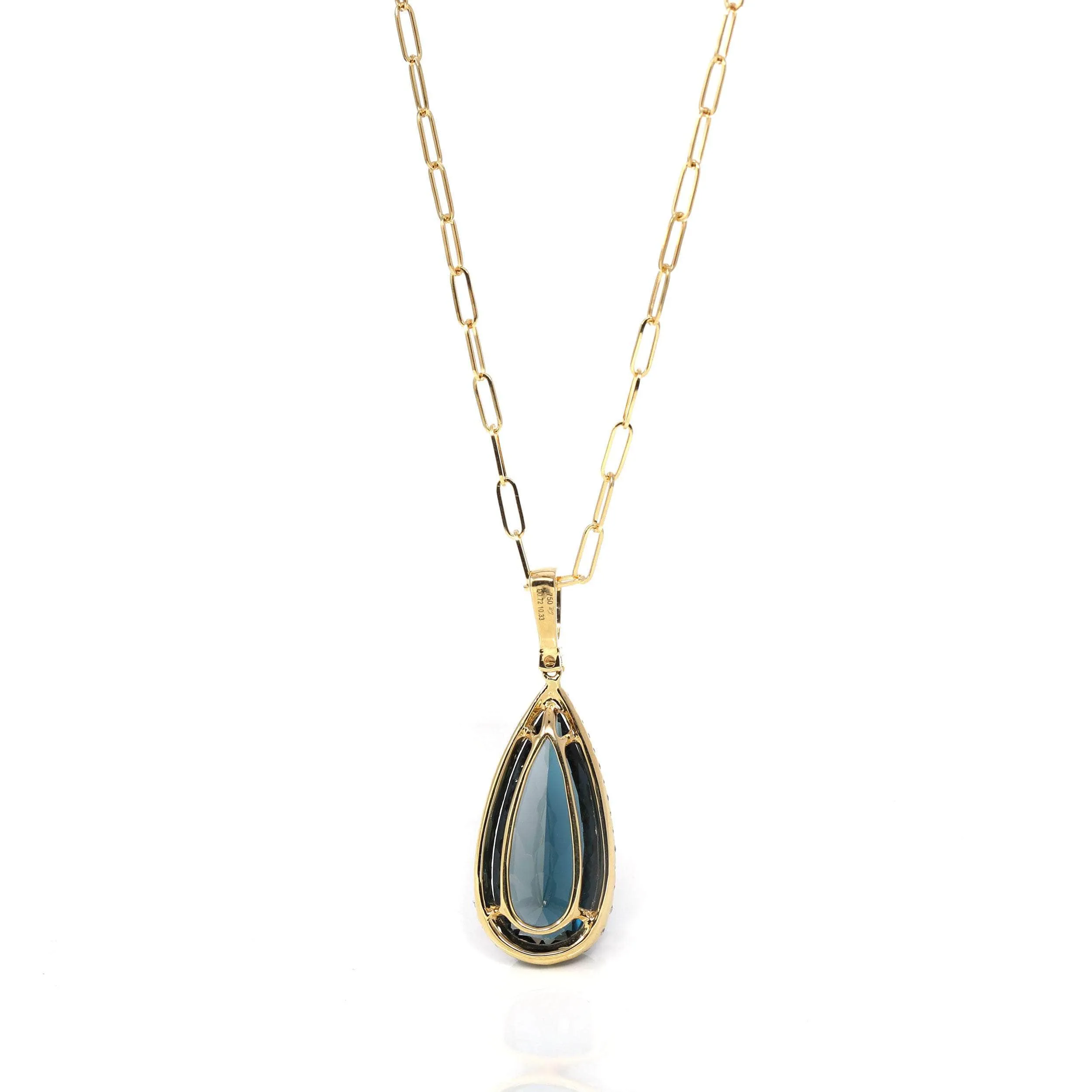 18k Yellow Gold Natural Navy Blue Topaz Pear Cut Necklace With Diamonds