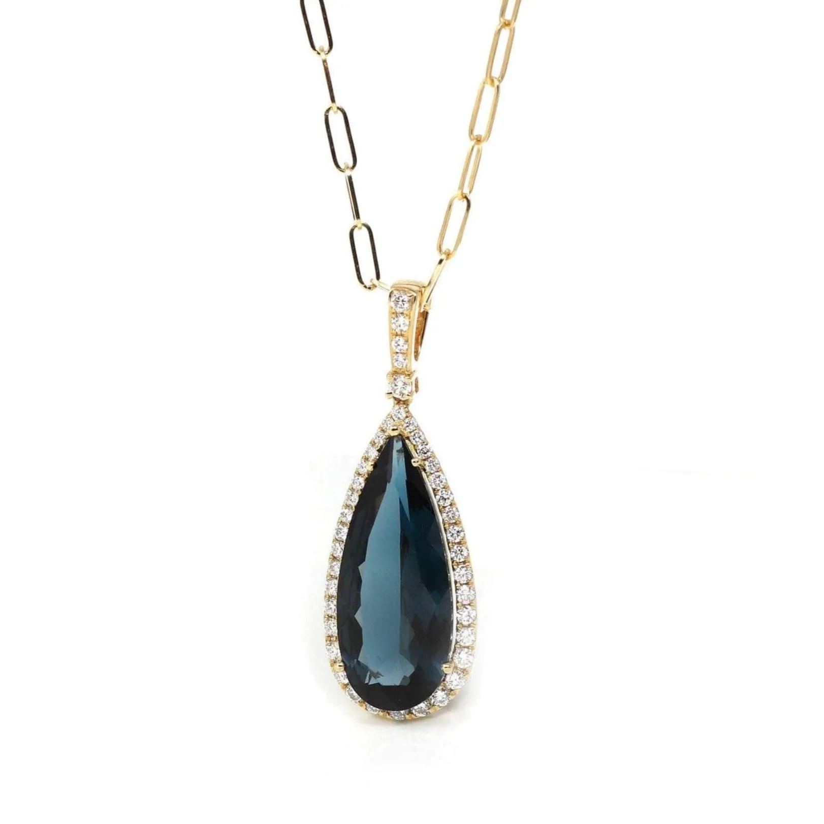 18k Yellow Gold Natural Navy Blue Topaz Pear Cut Necklace With Diamonds