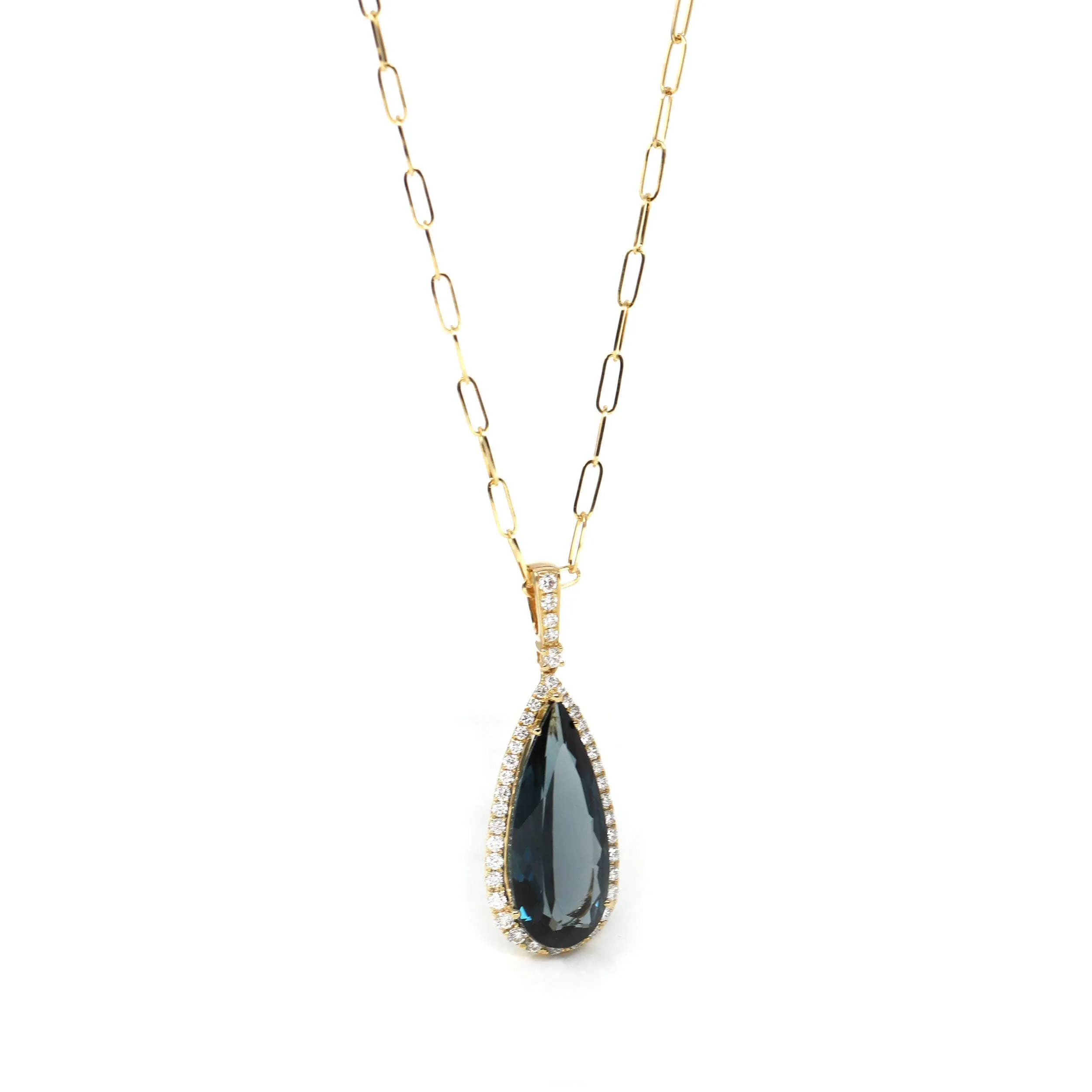 18k Yellow Gold Natural Navy Blue Topaz Pear Cut Necklace With Diamonds