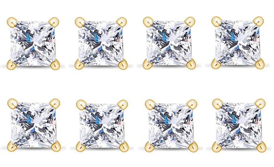 18k Yellow Gold Plated 1/2Ct Princess Cut White Sapphire Set Of Four Stud Earrings