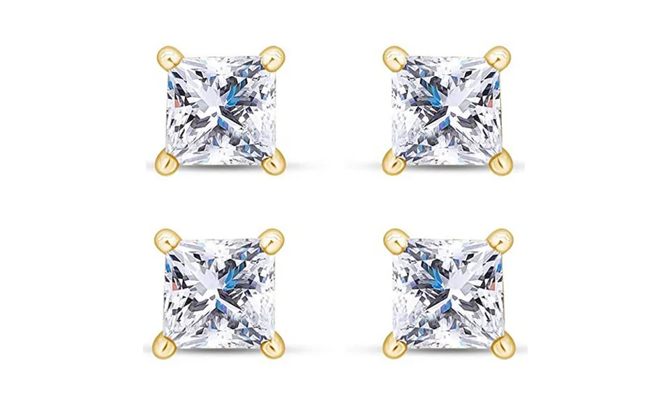 18k Yellow Gold Plated 6mm 1/2Ct Princess Cut White Sapphire Set Of Two Stud Earrings