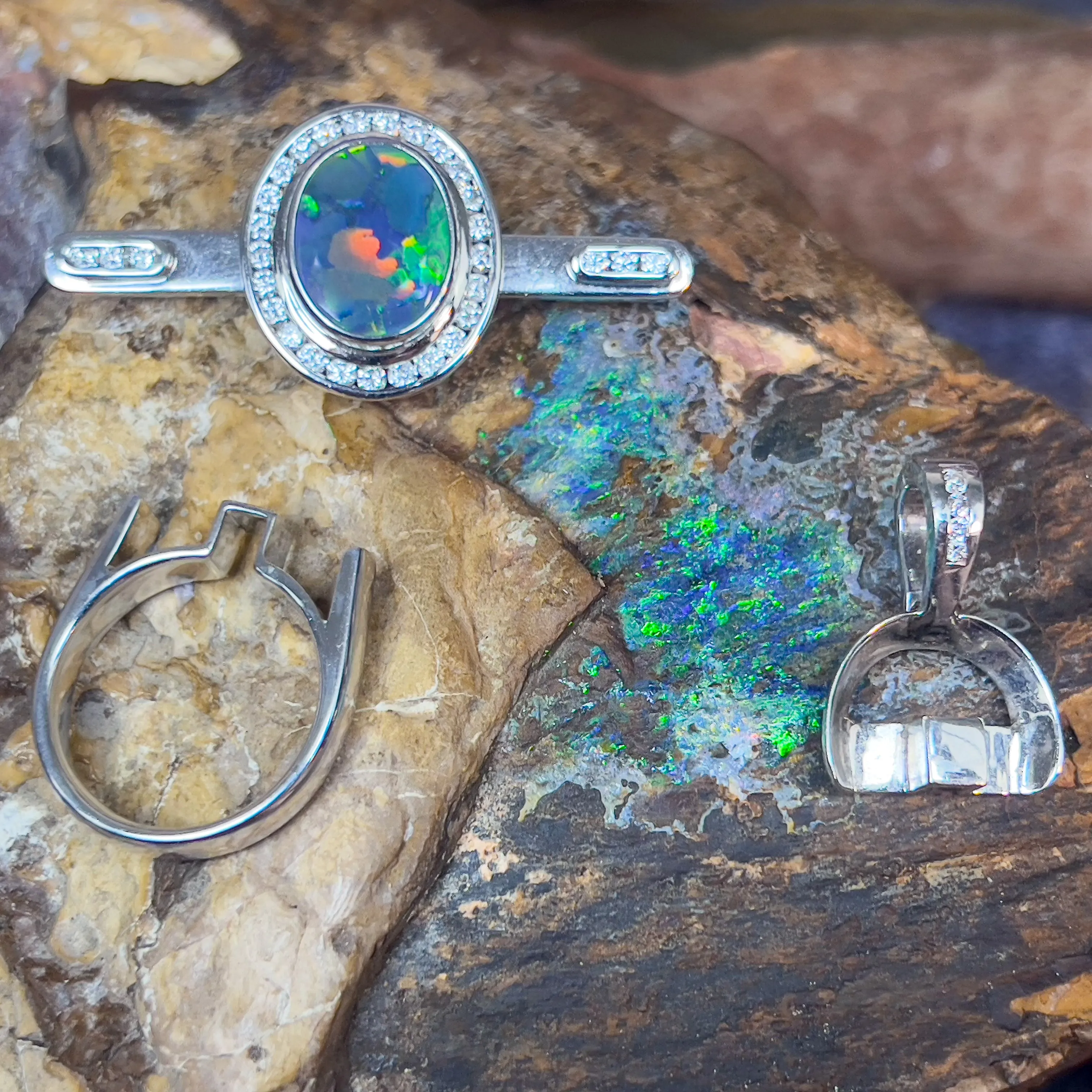 18kt White Gold multi piece Black Opal diamond ring, pendant and brooch piece