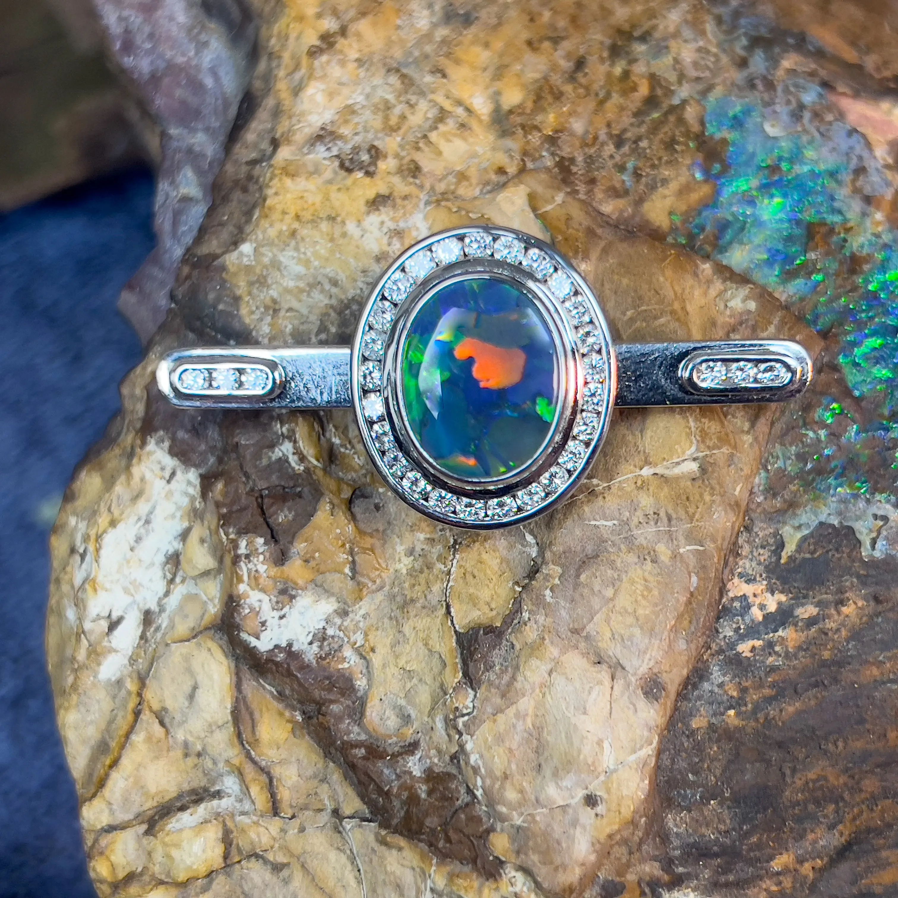 18kt White Gold multi piece Black Opal diamond ring, pendant and brooch piece