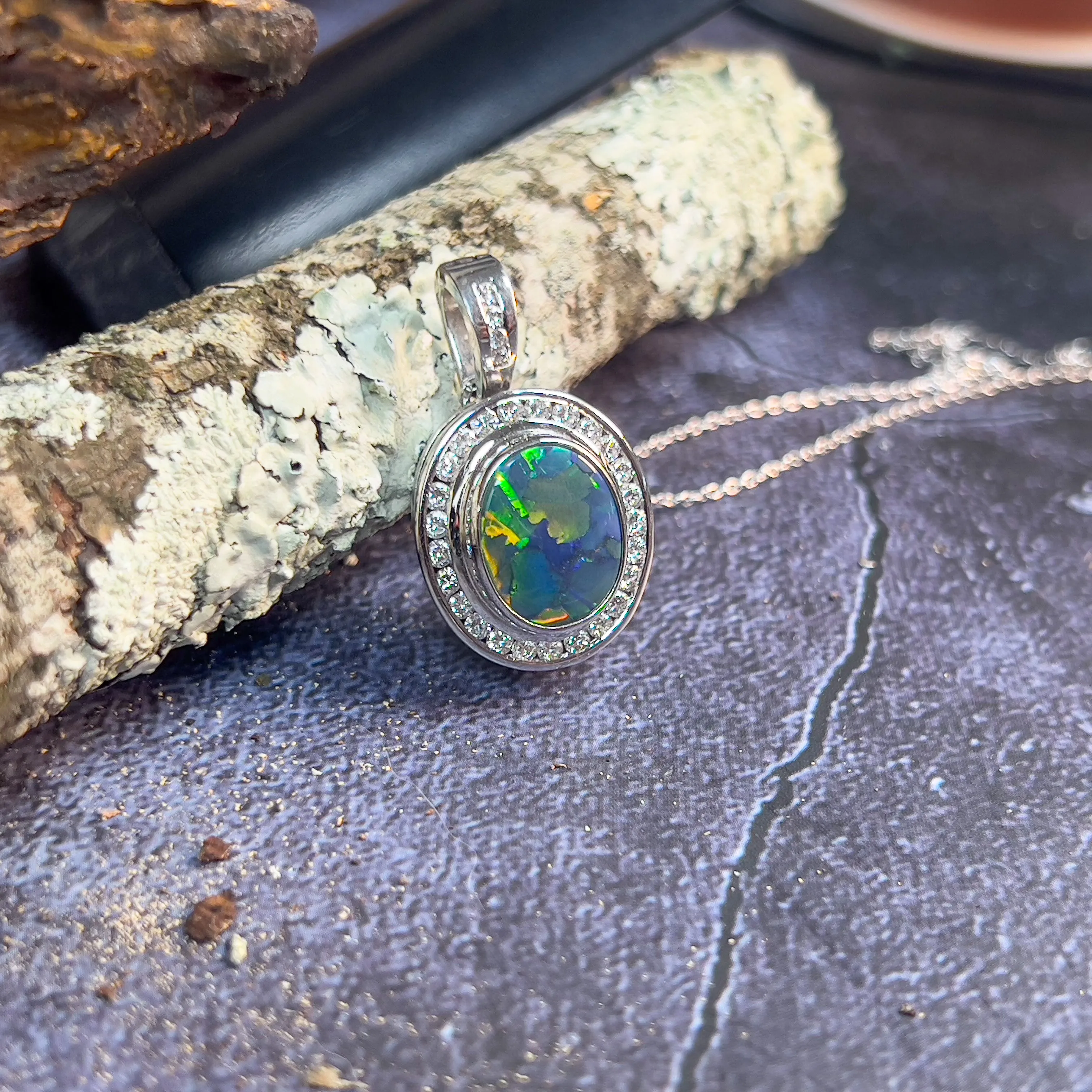 18kt White Gold multi piece Black Opal diamond ring, pendant and brooch piece