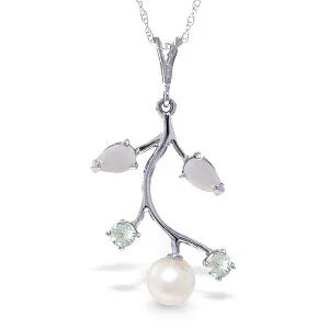 2.45 Carat 14K Solid White Gold Necklace Opal, Aquamarine Pearl