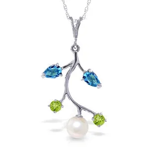 2.7 Carat 14K Solid White Gold Necklace Blue Topaz, Peridot Pearl