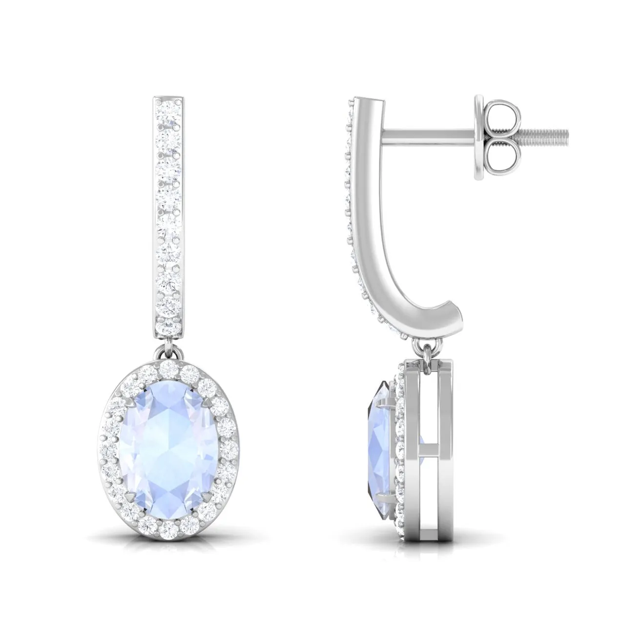 2.75 CT Claw Set Moonstone and Diamond Drop Hoop Earrings