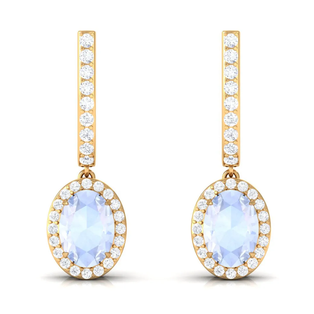 2.75 CT Claw Set Moonstone and Diamond Drop Hoop Earrings