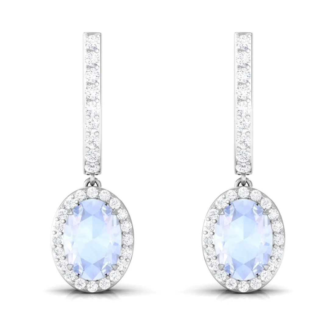 2.75 CT Claw Set Moonstone and Diamond Drop Hoop Earrings