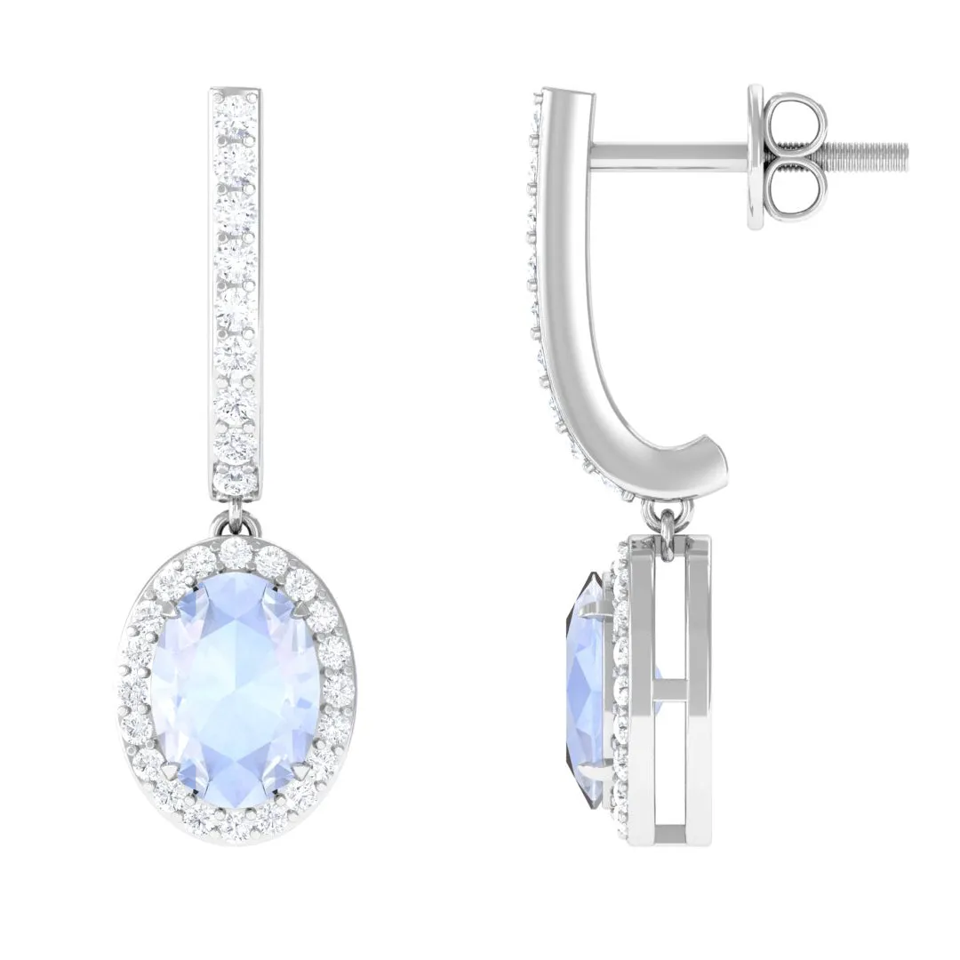 2.75 CT Claw Set Moonstone and Diamond Drop Hoop Earrings