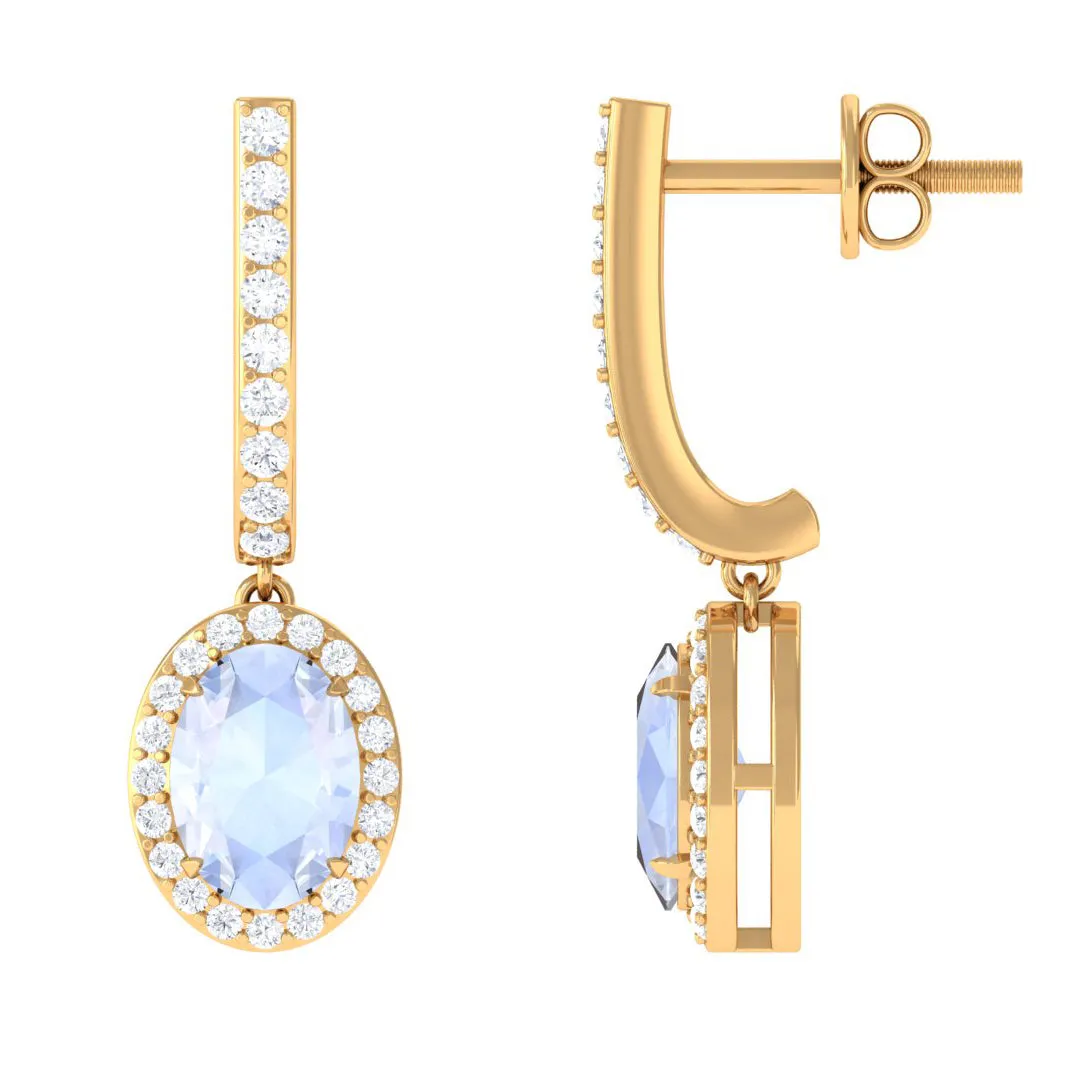 2.75 CT Claw Set Moonstone and Diamond Drop Hoop Earrings