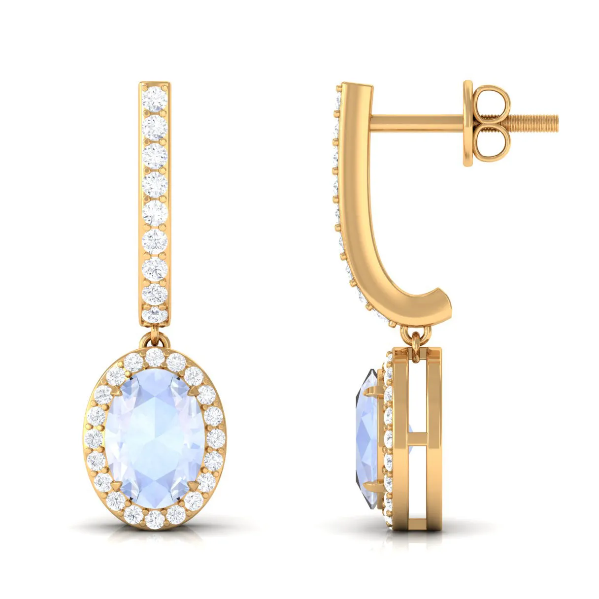 2.75 CT Claw Set Moonstone and Diamond Drop Hoop Earrings