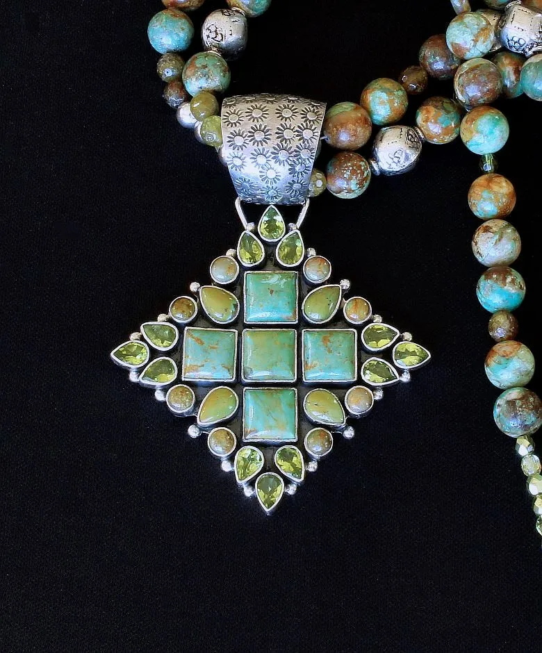 29-Stone Turquoise, Peridot and Sterling Silver Pendant with 2 Strands of Royston Boulder Rounds, Green Garnet, Fire Polished Glass, Czech Luster Glass, and Sterling Silver Beads & Toggle Clasp