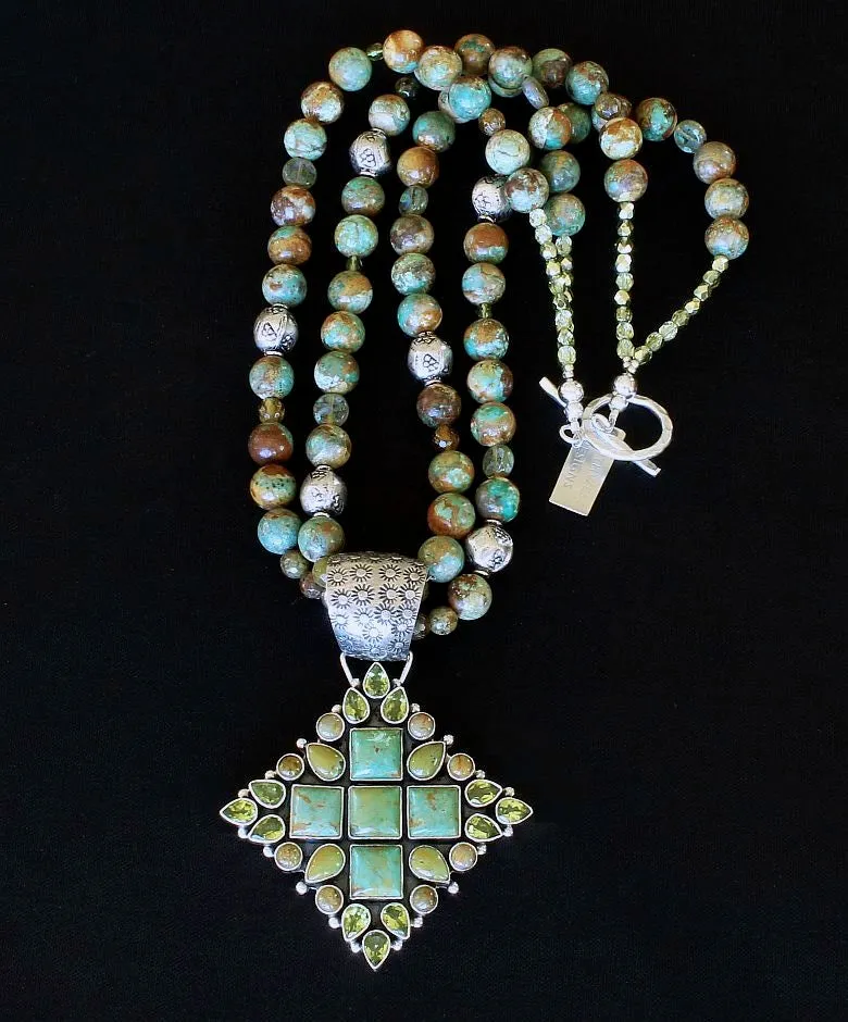 29-Stone Turquoise, Peridot and Sterling Silver Pendant with 2 Strands of Royston Boulder Rounds, Green Garnet, Fire Polished Glass, Czech Luster Glass, and Sterling Silver Beads & Toggle Clasp