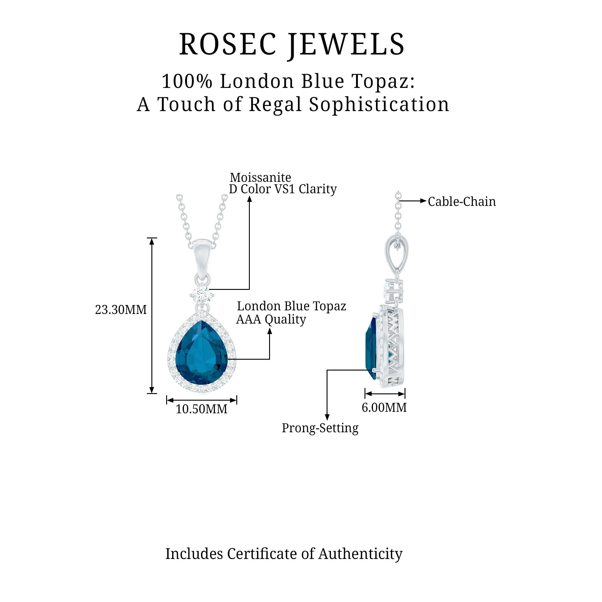 4.25 CT London Blue Topaz and Moissanite Halo Pendant Necklace