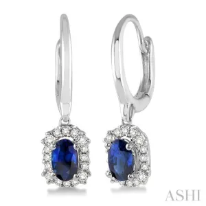 5x3 MM Oval Cut Sapphire and 1/6 Ctw Round Cut Diamond Precious Earrings in 14K White Gold