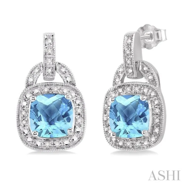 8x8 MM Cushion Shape Blue Topaz and 1/10 Ctw Single Cut Diamond Earrings in Sterling Silver