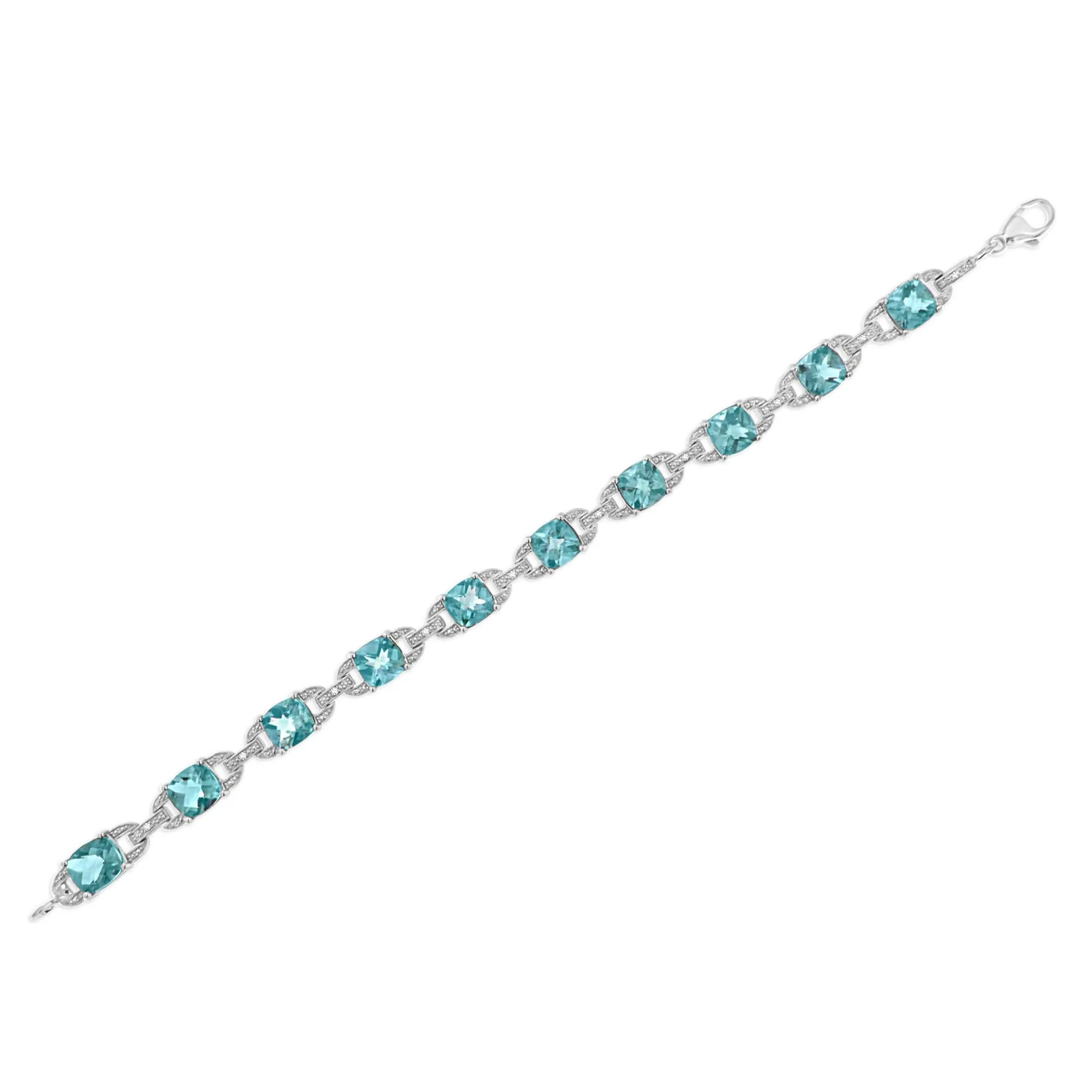 .925 Sterling Silver 7x7 mm Cushion Cut Blue Topaz and 1/20 cttw Round Cut Diamond Fashion Tennis Bracelet (I-J Color, I1-I2 Clarity) - 7"