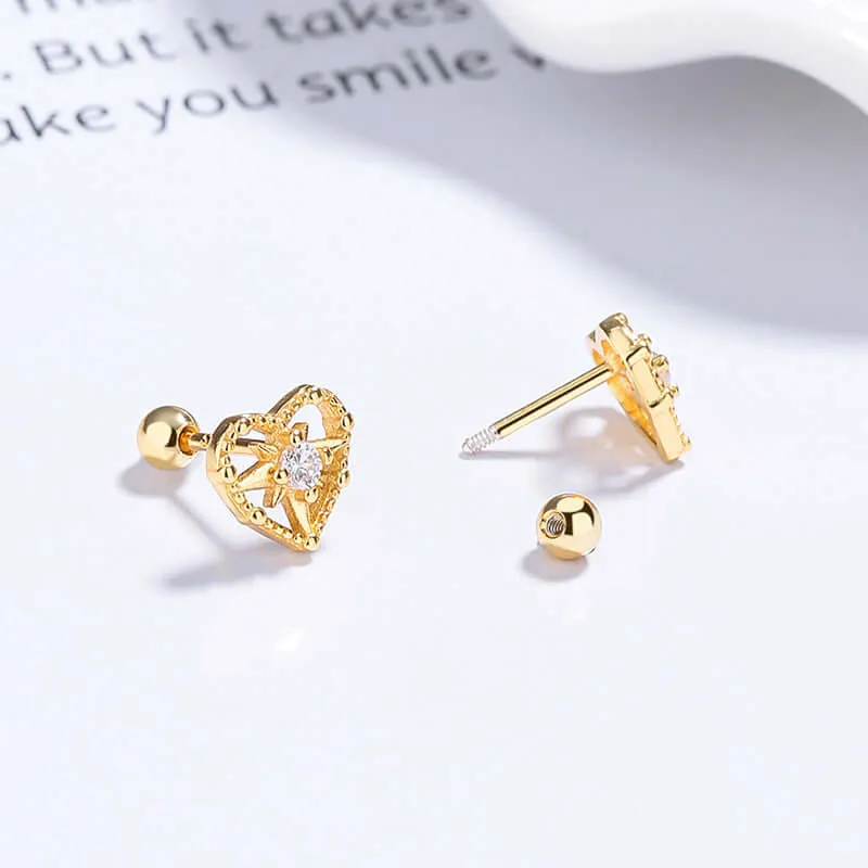 925 Sterling Silver Heart Mango Threaded Stud Ball Back Earrings