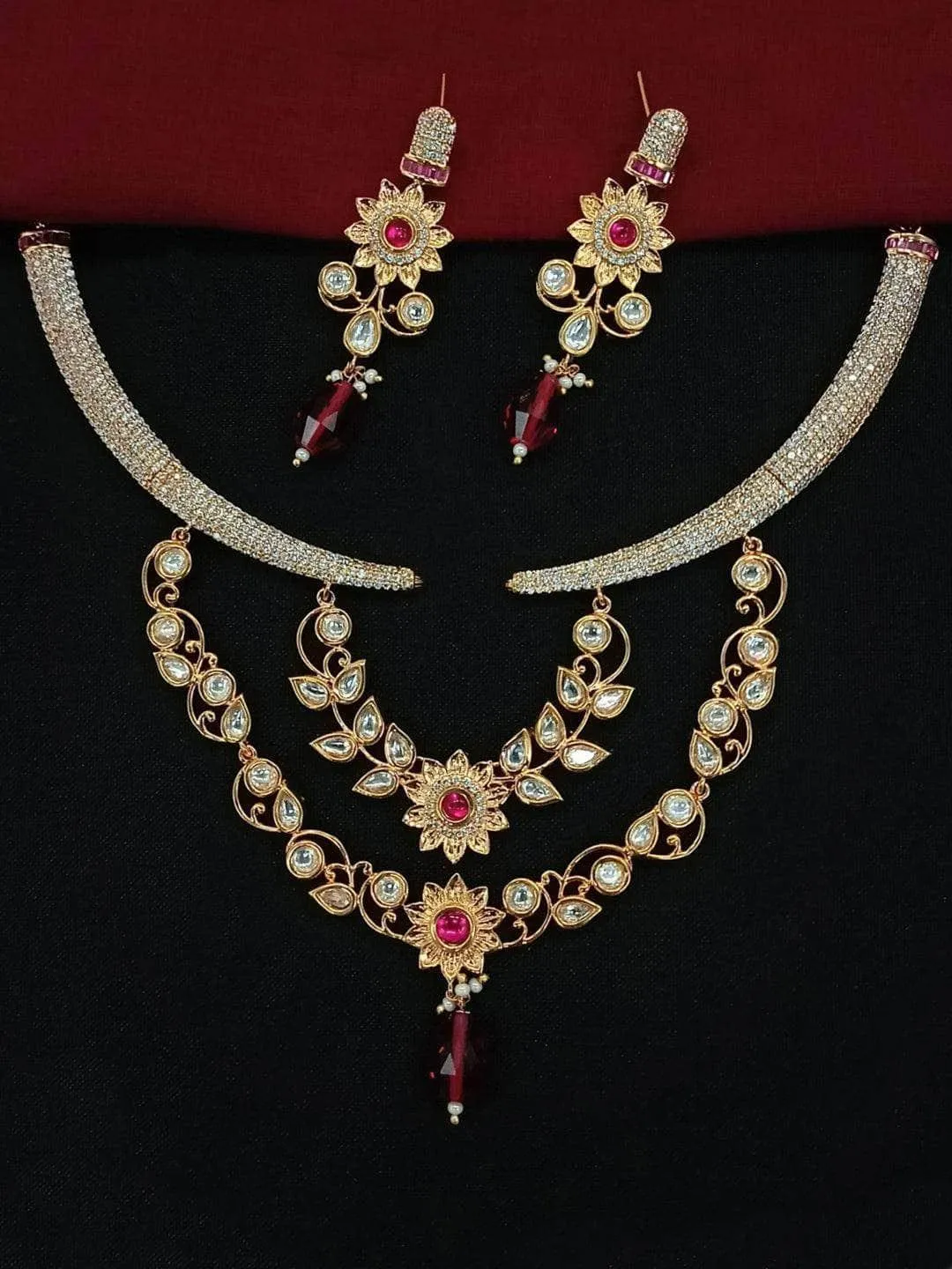 Ad Stone Kundan Leaf Necklace Set