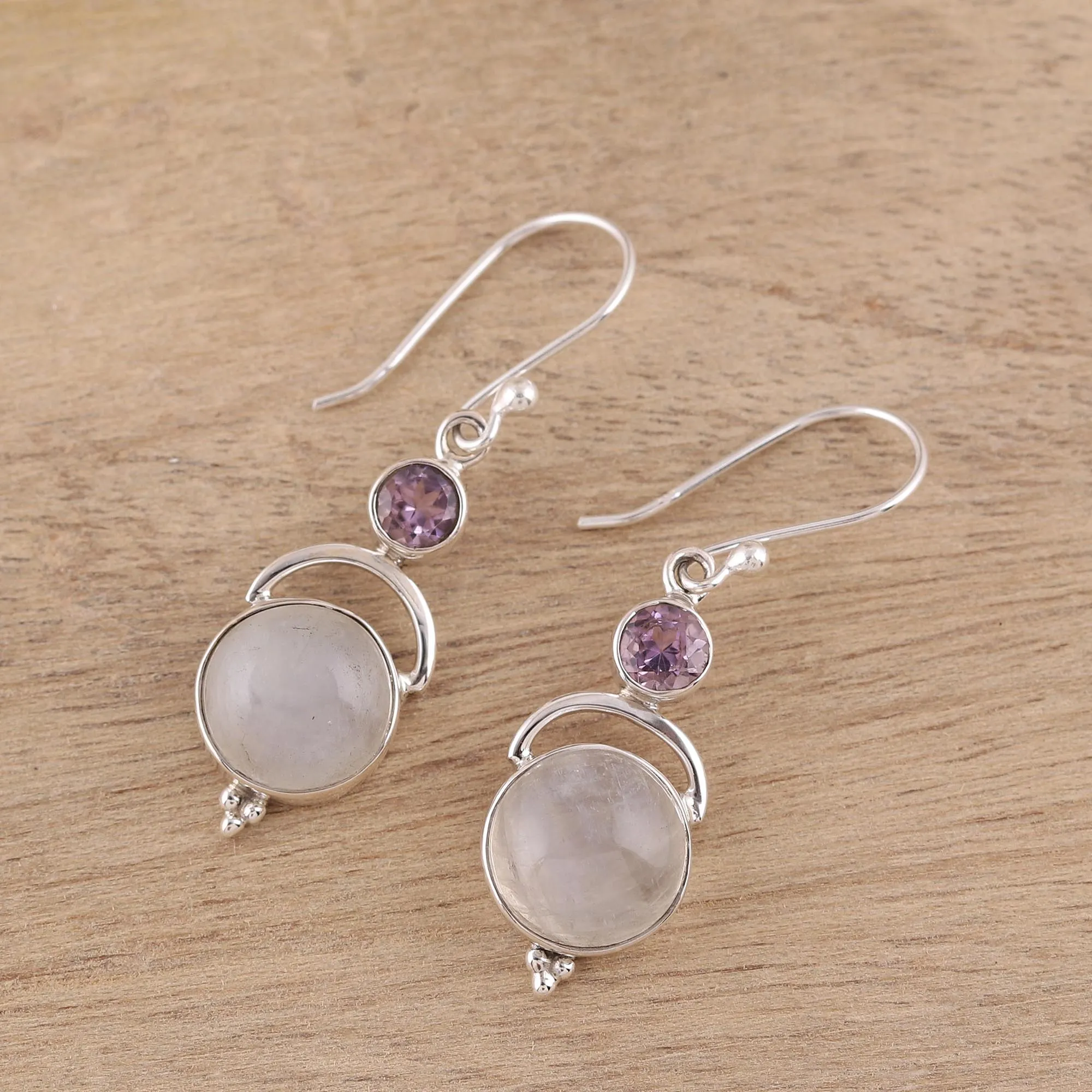 Alluring Serenity Sterling Silver Rainbow Moonstone Amethyst Dangle Earrings