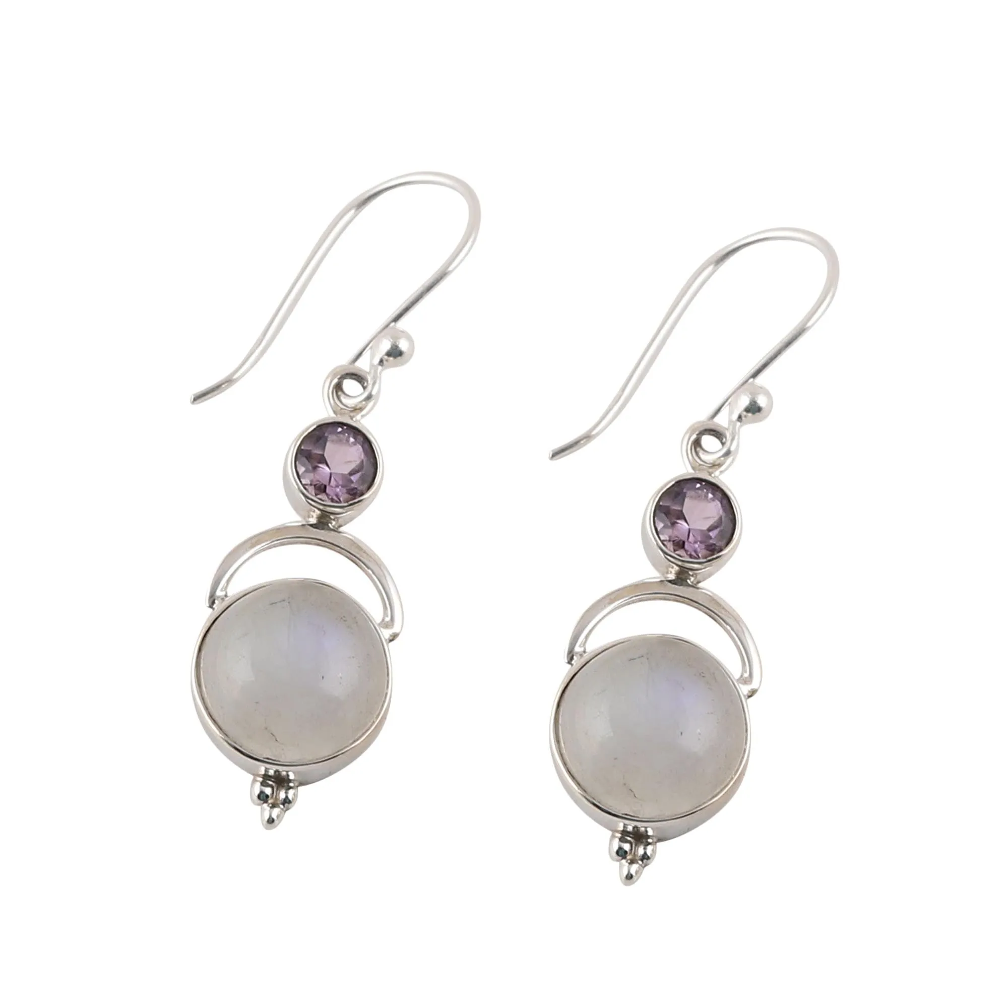 Alluring Serenity Sterling Silver Rainbow Moonstone Amethyst Dangle Earrings