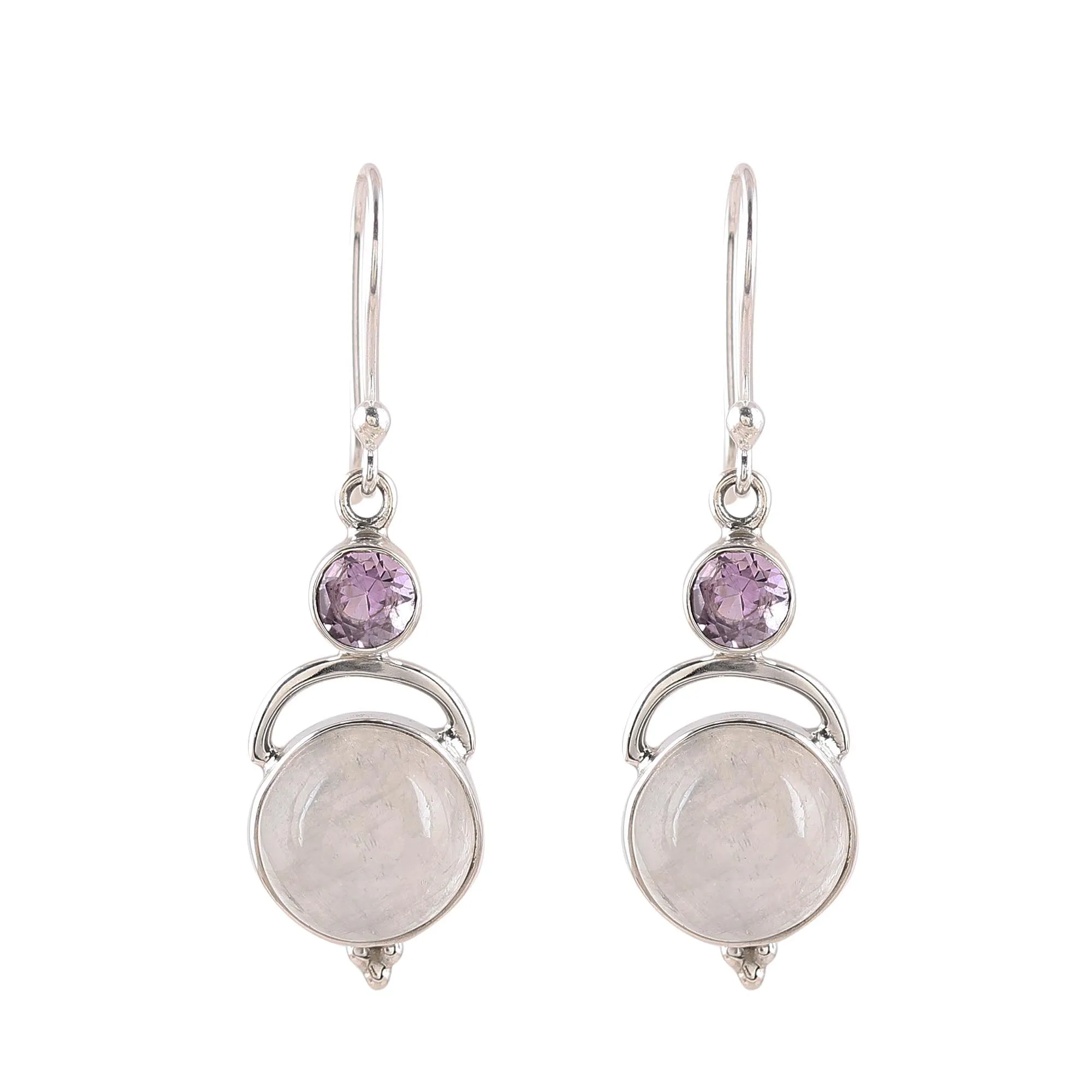 Alluring Serenity Sterling Silver Rainbow Moonstone Amethyst Dangle Earrings