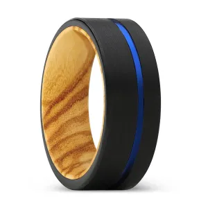 ALPINE | Olive Wood, Black Tungsten Ring, Blue Offset Groove, Flat