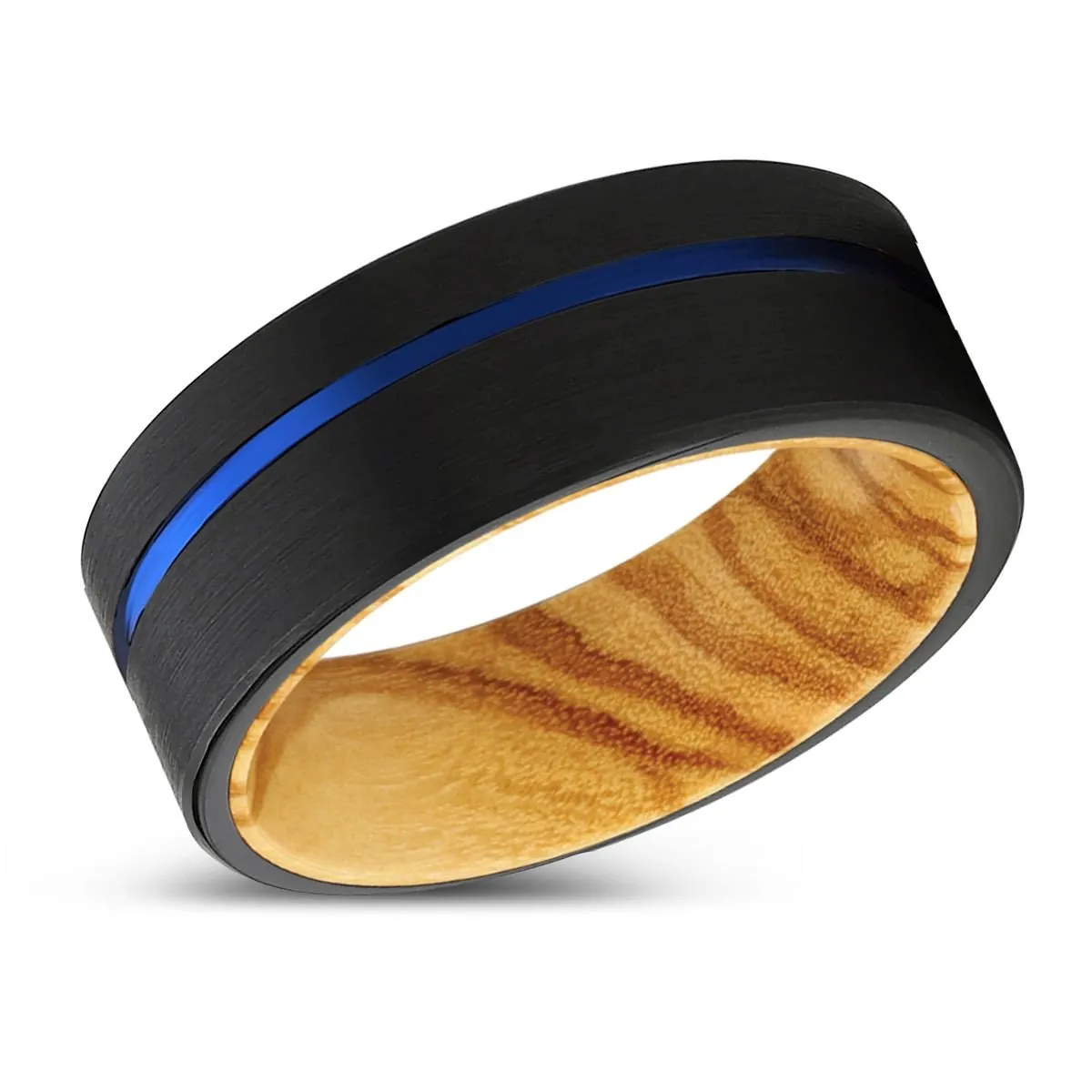 ALPINE | Olive Wood, Black Tungsten Ring, Blue Offset Groove, Flat