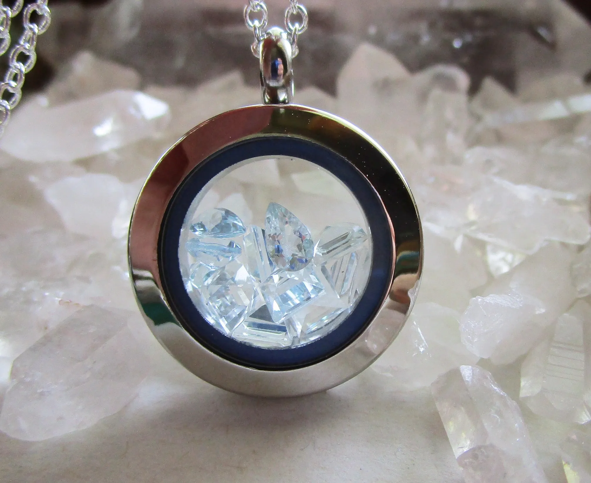 Aquamarine Gemstone Double Sided Floating Crystals Locket Pendant Necklace