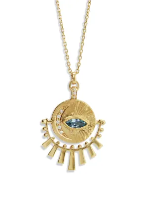 Aquamarine Marquise & Diamond Sun Beams Yellow Gold Necklace