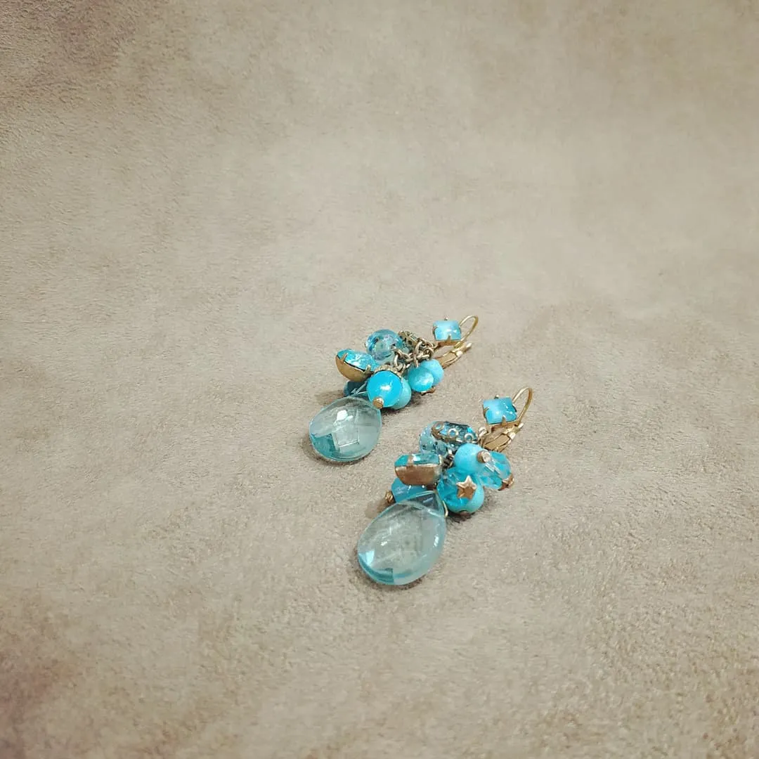 Askew London Blue Turquoise Dangling Charm Drop Earrings Gold Plated Vintage Glass Crystal