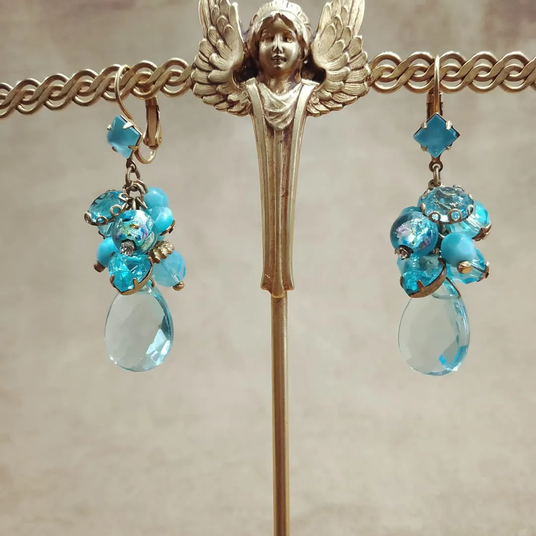 Askew London Blue Turquoise Dangling Charm Drop Earrings Gold Plated Vintage Glass Crystal