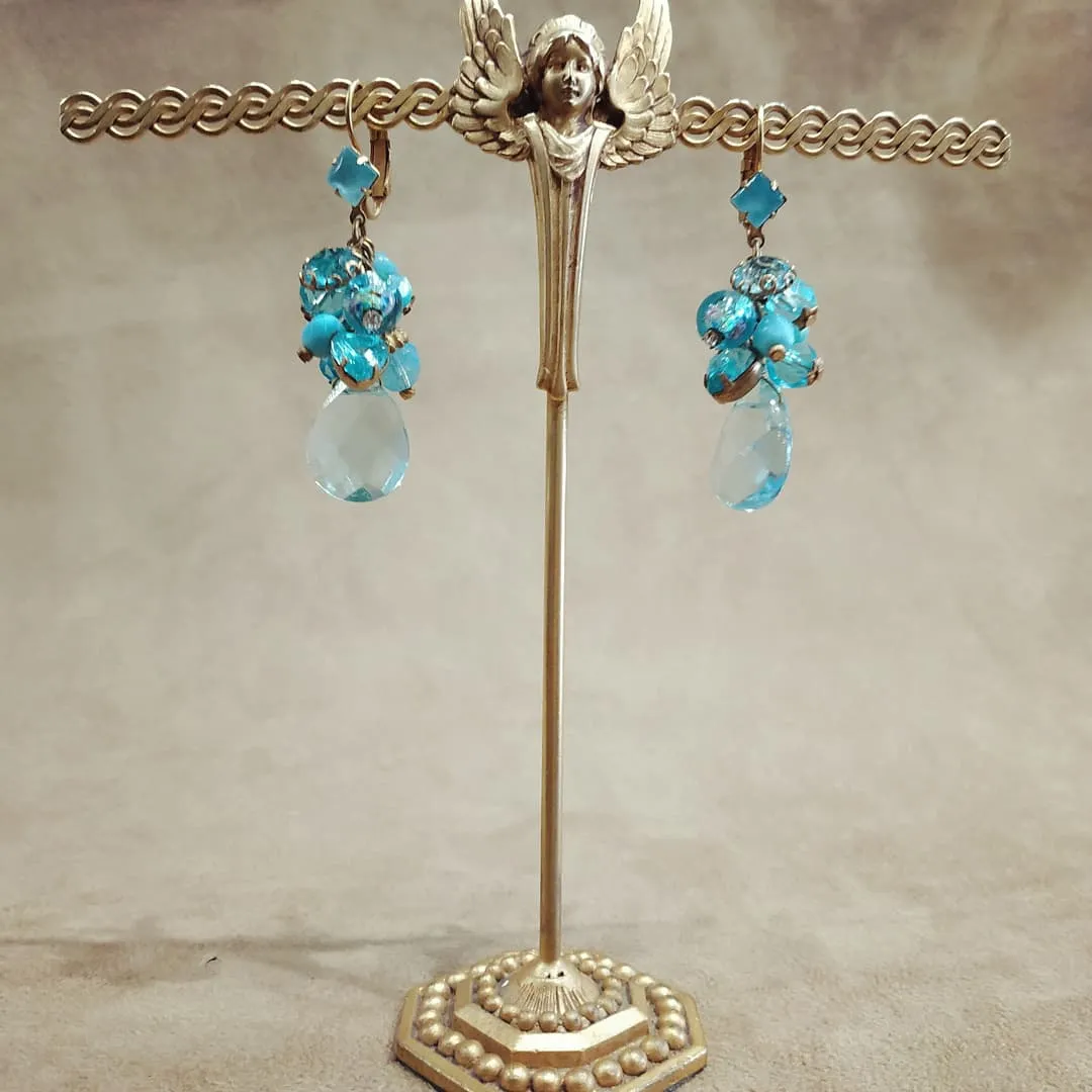 Askew London Blue Turquoise Dangling Charm Drop Earrings Gold Plated Vintage Glass Crystal