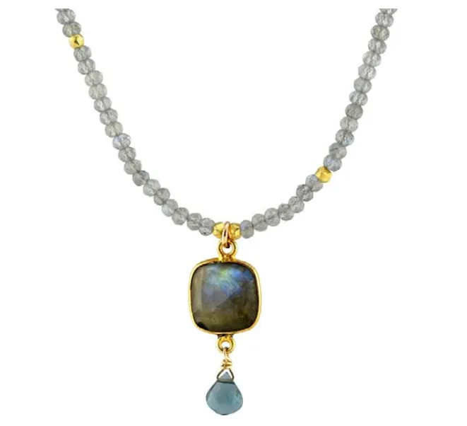 AVF Gold Square Bezel Labradorite & Blue Topaz Beaded Necklace (SI6805)