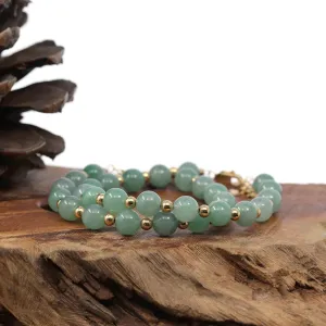 Baikalla Genuine Ice Green Jadeite Jade Round Beads Bracelet With 18K Yellow Gold Clasp and Gold Beads ( 7.8 mm )