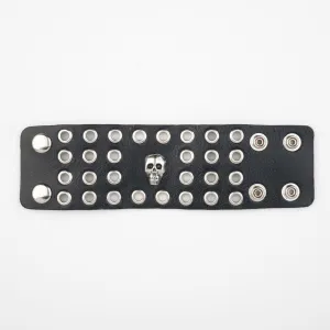 Black Leather Bracelet w/ 4 Rows of Grommets and Skull Detail