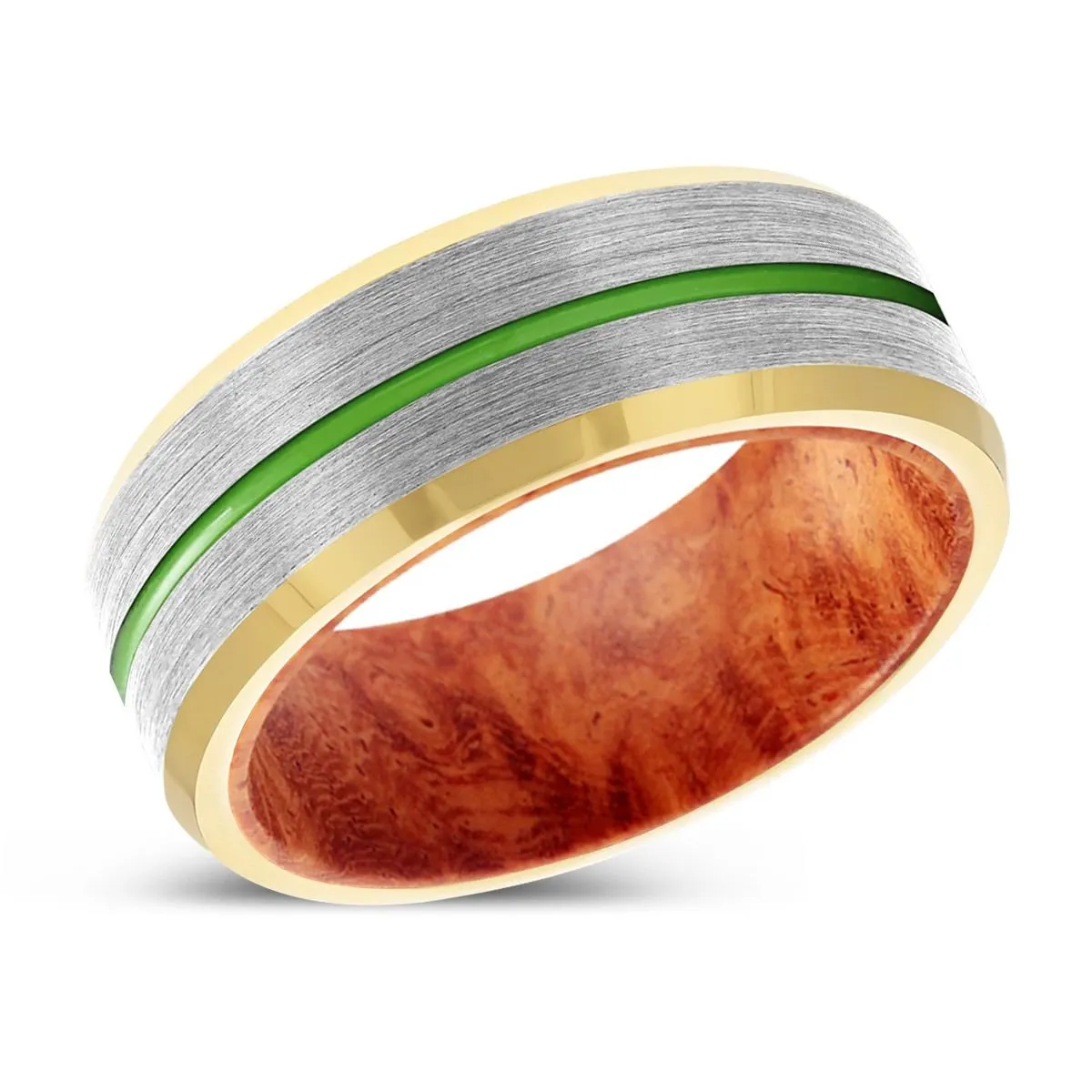 BLISS | Red Burl Wood, Silver Tungsten Ring, Green Groove, Gold Beveled Edge