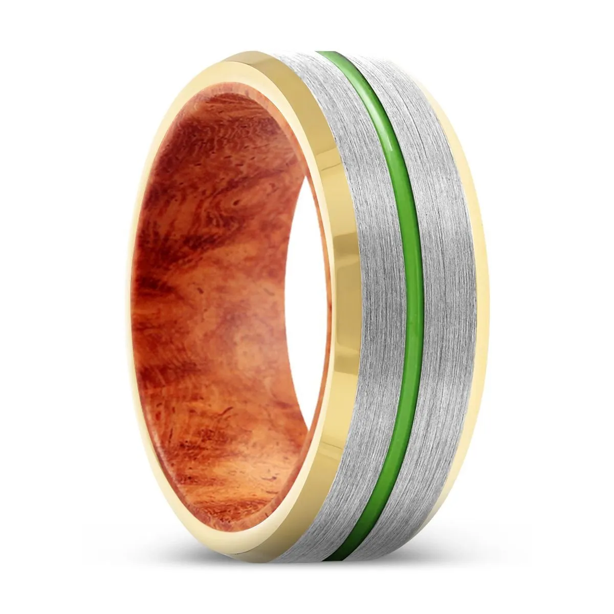 BLISS | Red Burl Wood, Silver Tungsten Ring, Green Groove, Gold Beveled Edge