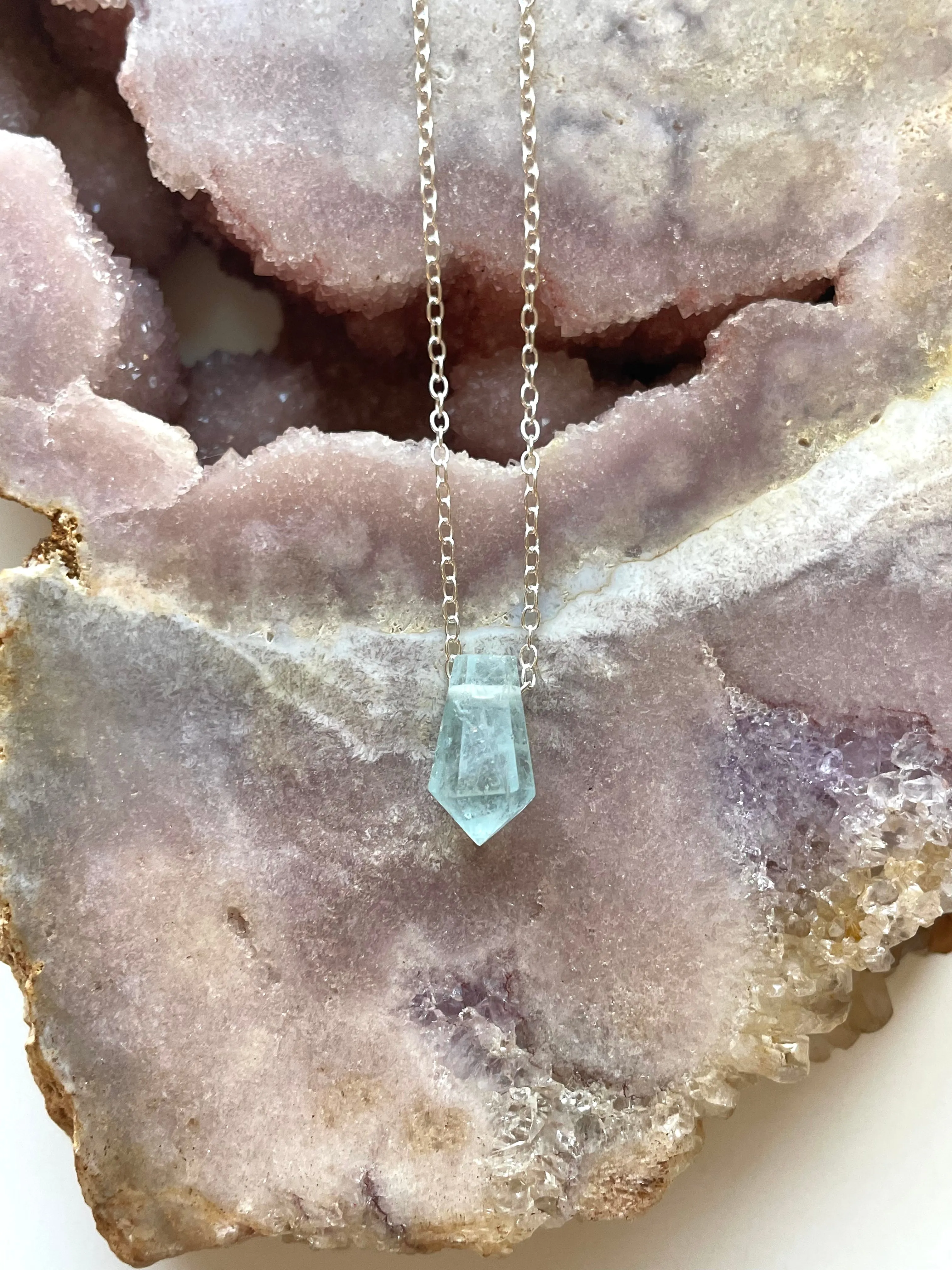 Blue Aquamarine Point Crystal Necklace Sterling Silver