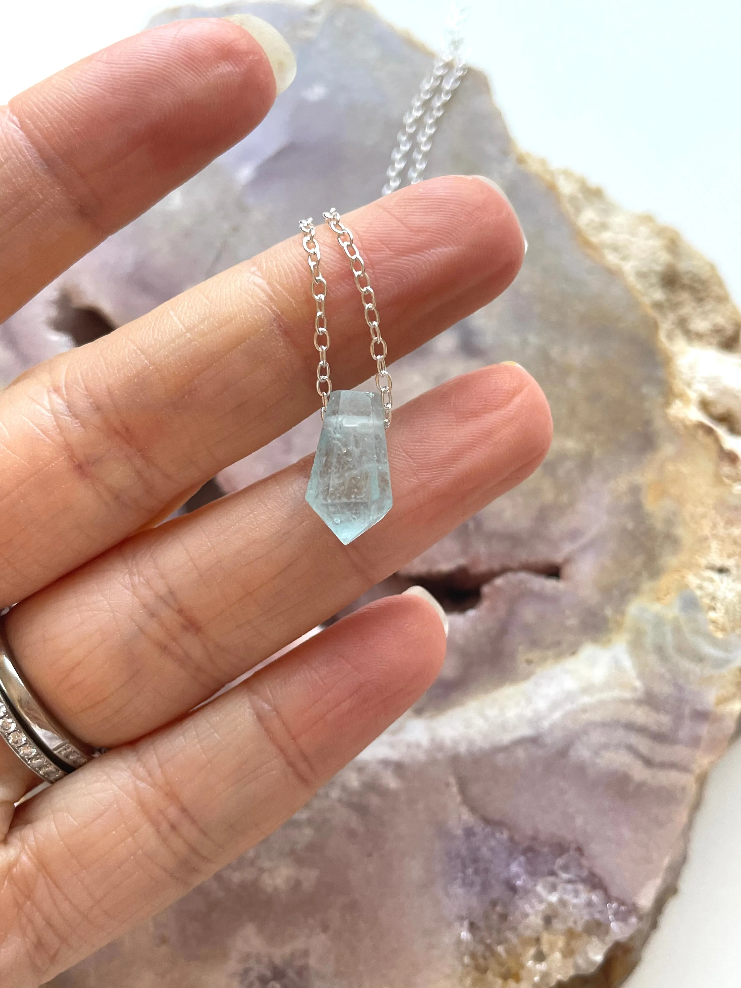 Blue Aquamarine Point Crystal Necklace Sterling Silver