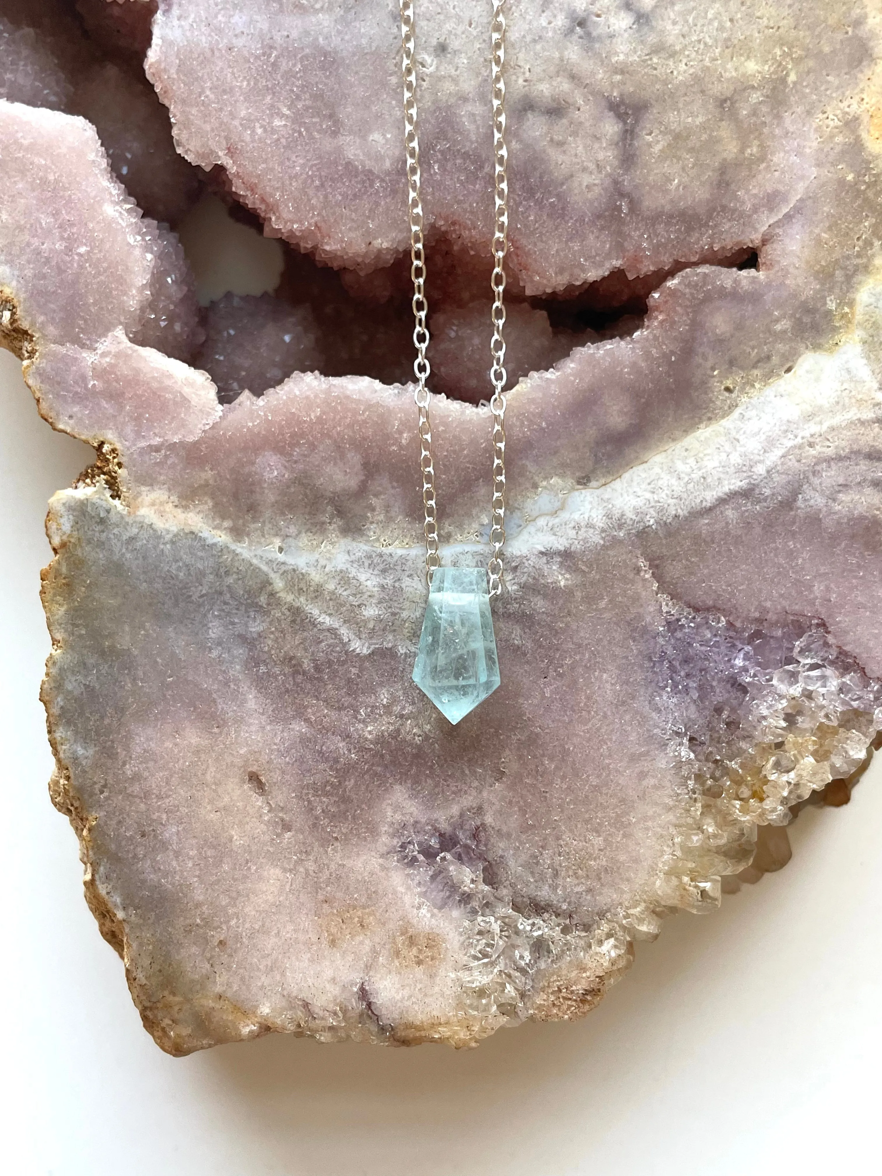 Blue Aquamarine Point Crystal Necklace Sterling Silver