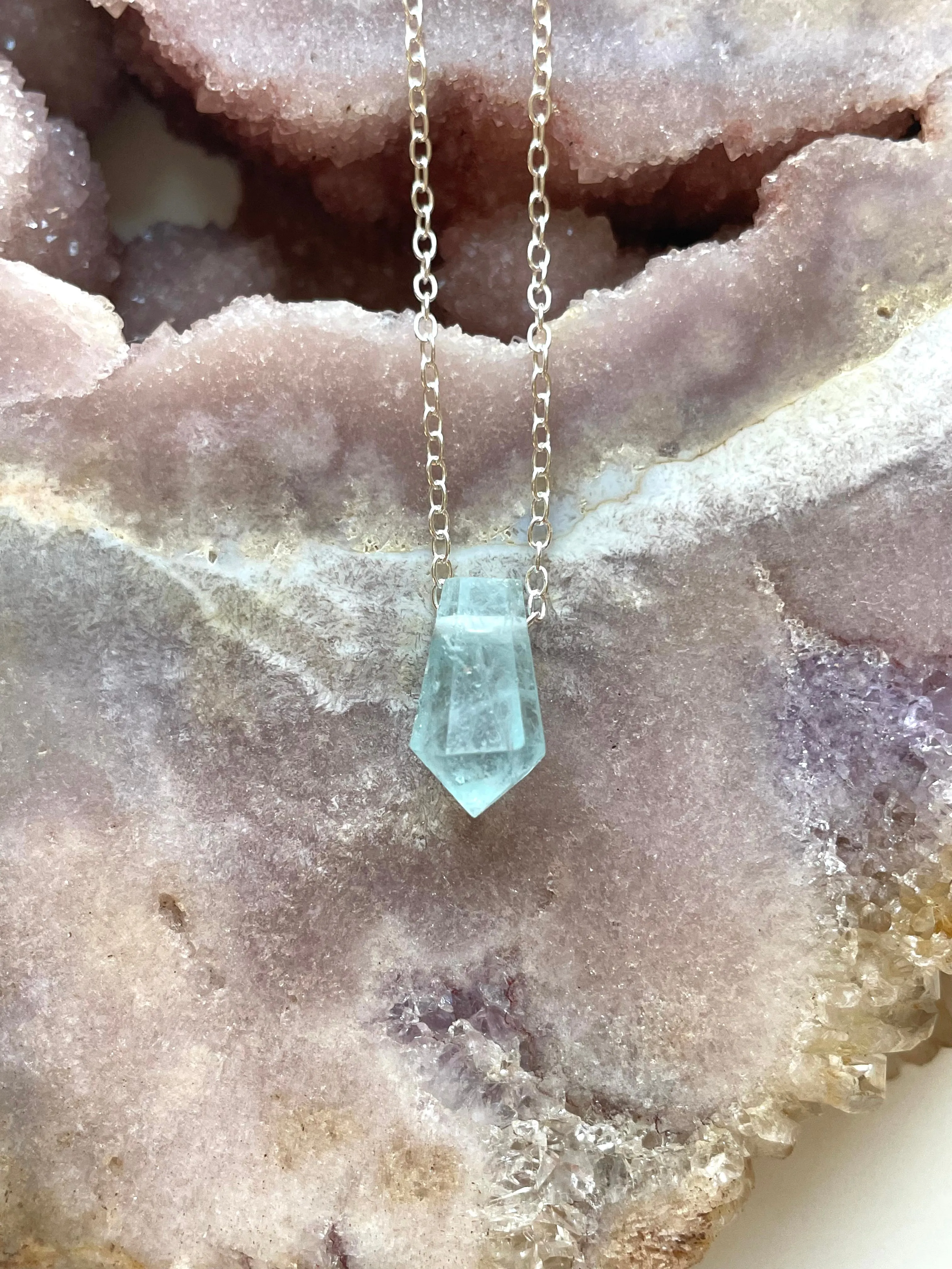 Blue Aquamarine Point Crystal Necklace Sterling Silver