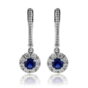 Blue Sapphire & Diamond Drop Halo Earrings