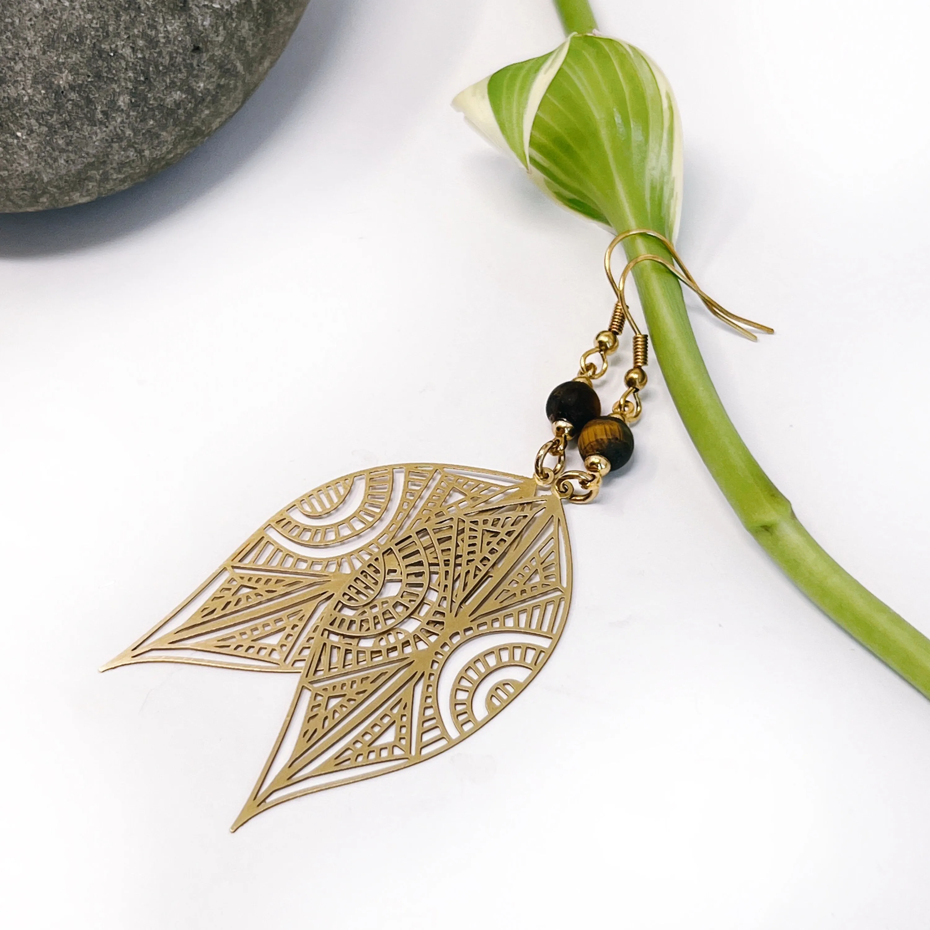 Boho Flower Petal or Leaf Dangle Earrings  With Semi-Precious Gemstones - Lightweight & Nickel Free