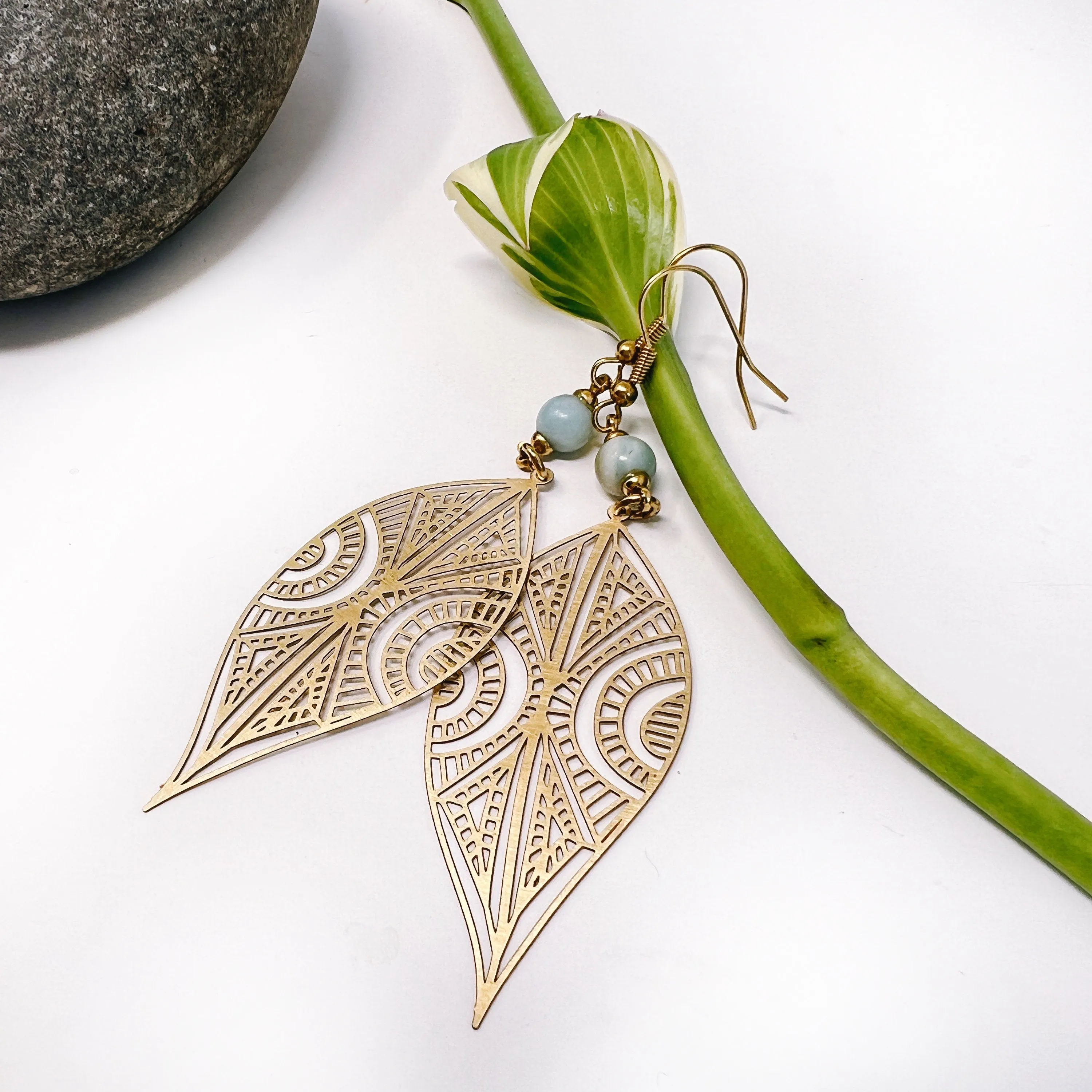 Boho Flower Petal or Leaf Dangle Earrings  With Semi-Precious Gemstones - Lightweight & Nickel Free