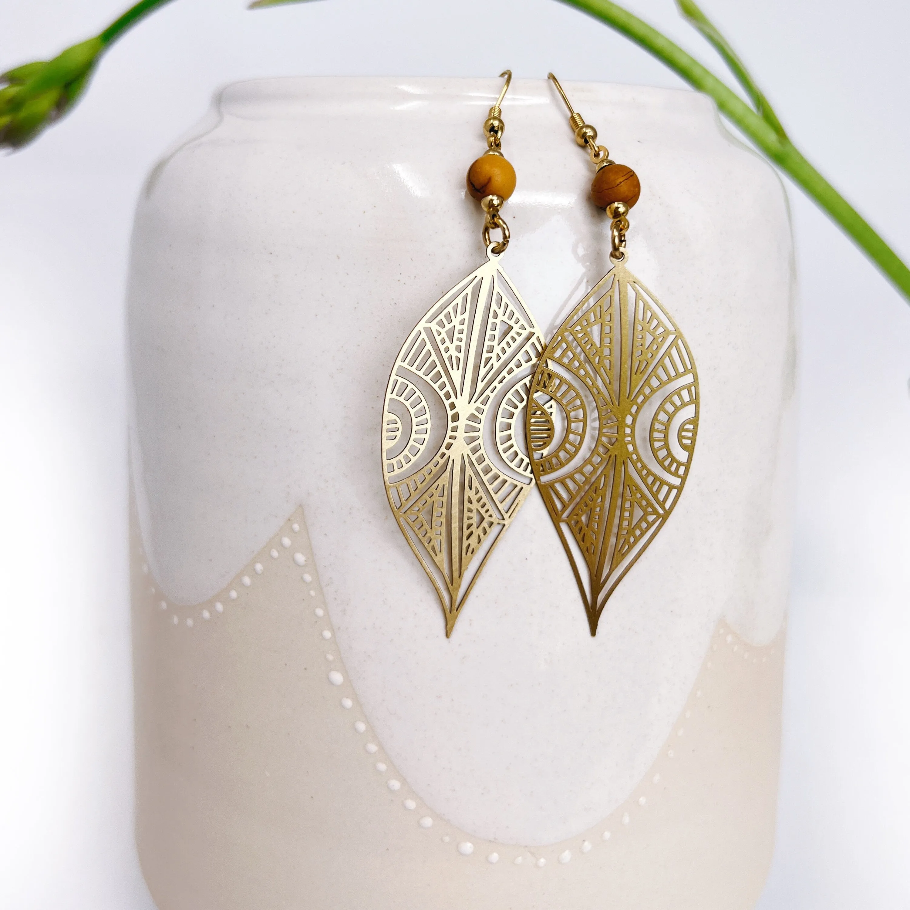 Boho Flower Petal or Leaf Dangle Earrings  With Semi-Precious Gemstones - Lightweight & Nickel Free